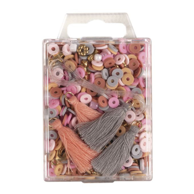 Heishi Perlen Set aus Polymer-Ton, rosé Mix mit Glasperlen,Quasten,Faden, SB-Box