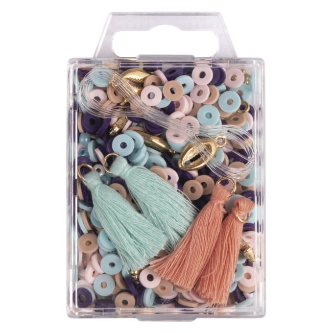 Heishi Perlen Set aus Polymer-Ton, arabisch blau Mix mit Glasperlen,Quasten,Faden, SB-Box