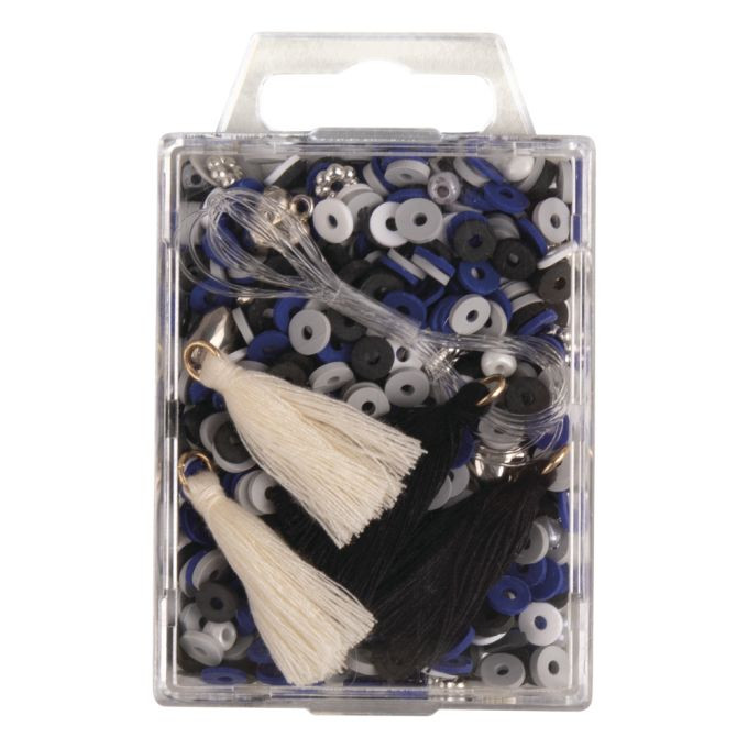 Heishi Perlen Set aus Polymer-Ton, jeansblau Mix mit Glasperlen,Quasten,Faden, SB-Box
