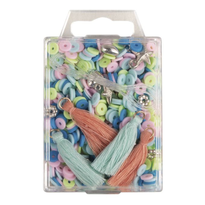 Heishi Perlen Set aus Polymer-Ton, blaugrün hell Mix mit Glasperlen,Quasten,Faden, SB-Box