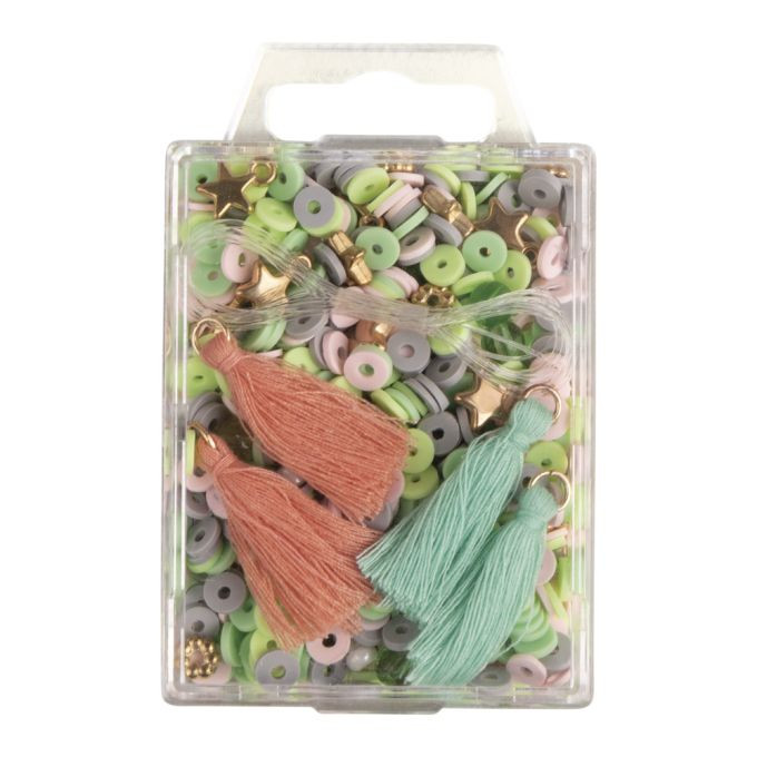 Heishi Perlen Set aus Polymer-Ton, orientgrün Mix mit Glasperlen,Quasten,Faden, SB-Box