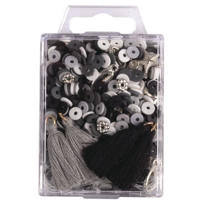 Heishi Perlen Set aus Polymer-Ton, schwarz/weiß Mix mit Glasperlen,Quasten,Faden, SB-Box