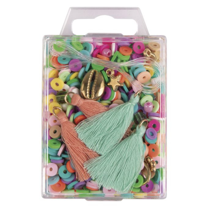 Heishi Perlen Set aus Polymer-Ton, regenbogen Mix mit Glasperlen,Quasten,Faden, SB-Box