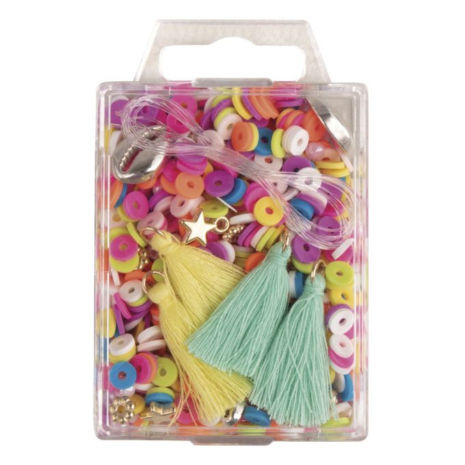 Heishi Perlen Set aus Polymer-Ton, bunt Mix mit Glasperlen,Quasten,Faden, SB-Box