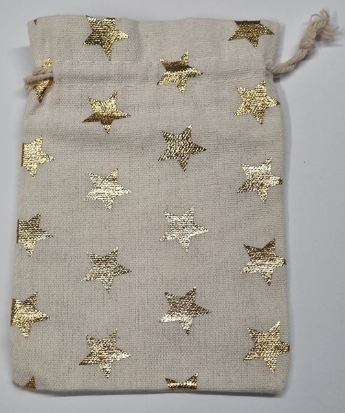 Textilbeutel,10x15cm,naturweiß m. goldenen Sternen