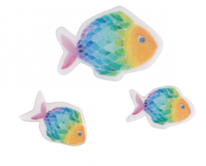 Wachsmotiv Regenbogen Fisch, 2,3x1,6cm + 3,7x2,5cm, SB-Btl. 3Stück, regenbogen