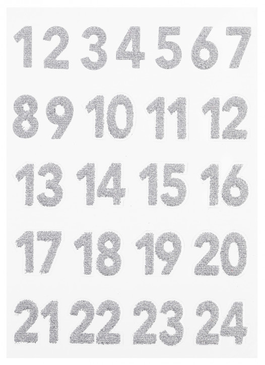 Klebe Sticker Glitzer Adventskalender Zahlen in Silber