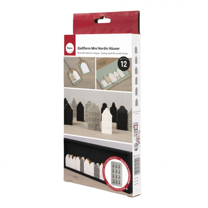 Silikon Gießform Mini Nordic Häuser 14,5x26x1,5cm, 12 Formen, Box 1Stück