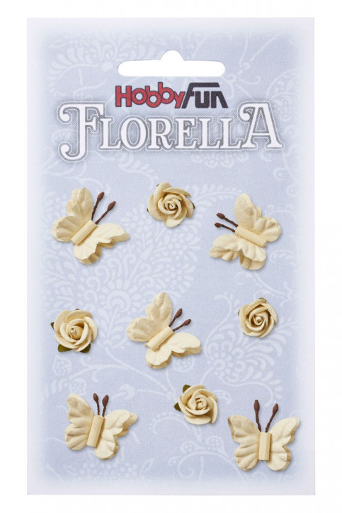 FLORELLA-Mini-Rosen/Schmetterling ca. 1 - 2 cm sort., creme, Btl. à 9St. sort.