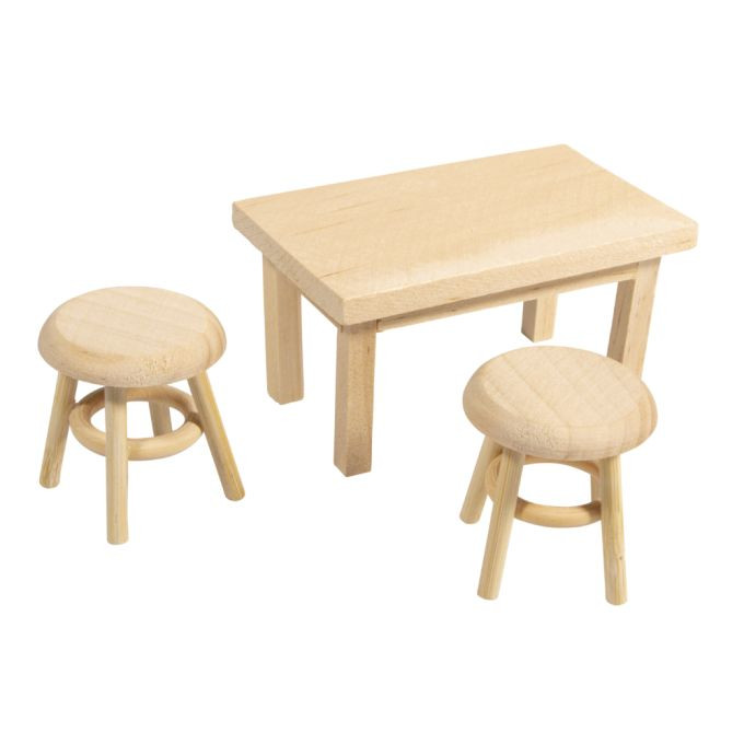 Holz Mini Tisch mit 2 Hockern, FSC 100% 8x5x4,5cm +3,5x3,8cm, SB-Btl. 1Set, natur