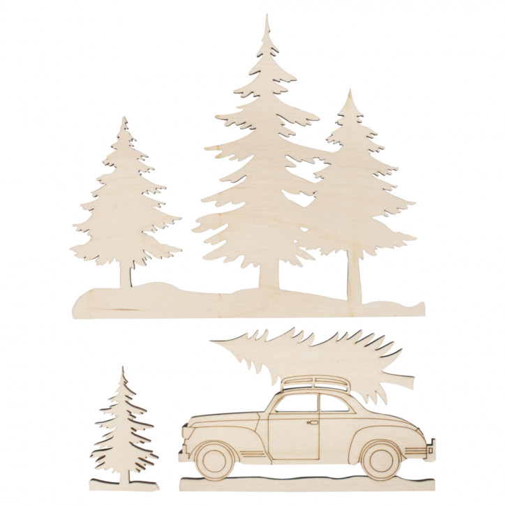 Holzmotive Bäume und Auto, FSC100% 20x17,5cm, SB-Btl 3Stück