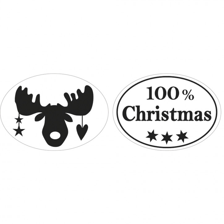Labels 100% Christmas+Elch, 25x35mm, oval, SB-Btl 2Stück