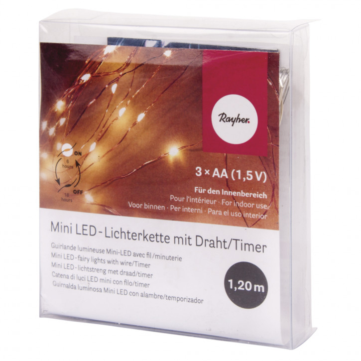 Mini LED-Lichterkette m. Draht/Timer, lichtgelb 120cm, 10 LED's, Batteriebetrieb