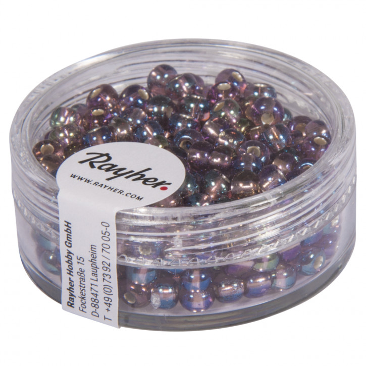 Rocailles m.Silbereinzug+Rainbow, 4 mm, Dose 17g-violett hell