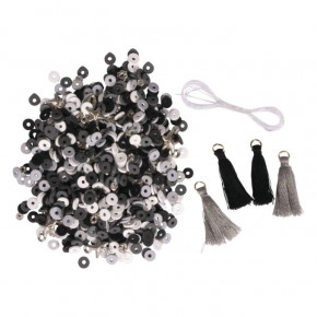 Heishi Perlen Set aus Polymer-Ton, schwarz/weiß Mix mit Glasperlen,Quasten,Faden, SB-Box
